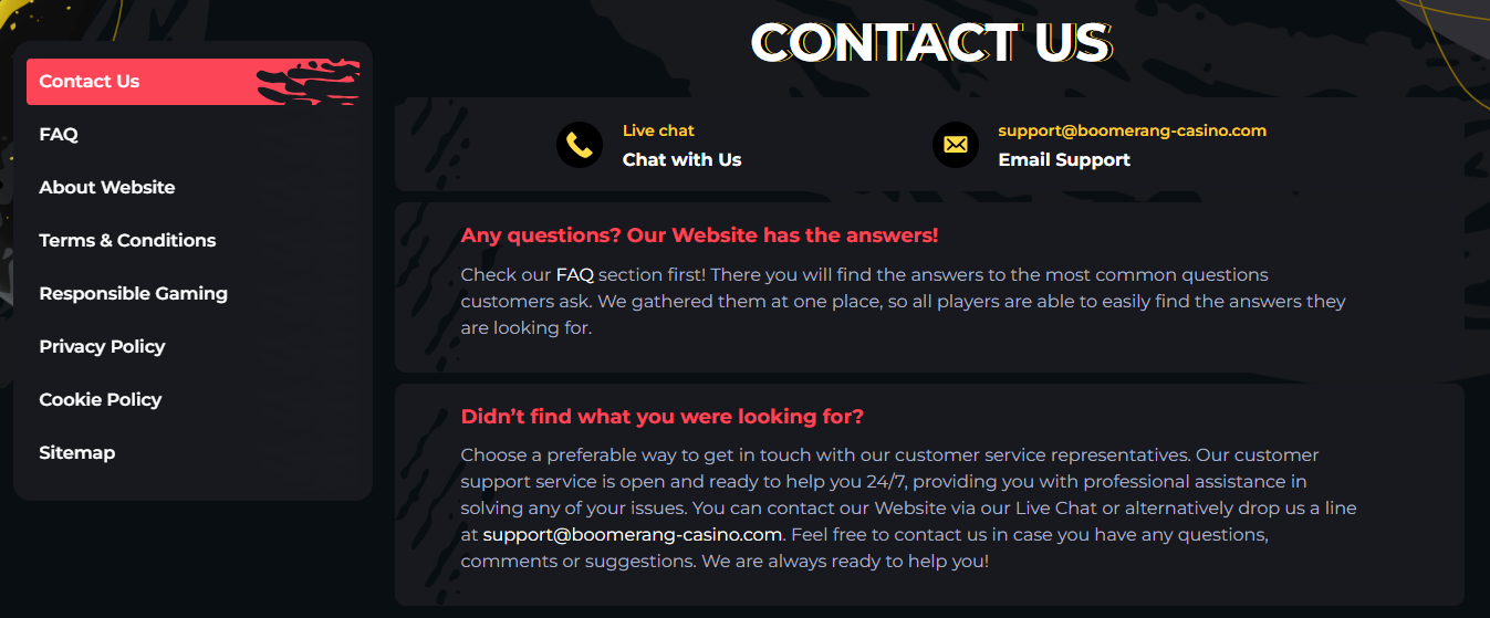 boomerang casino support